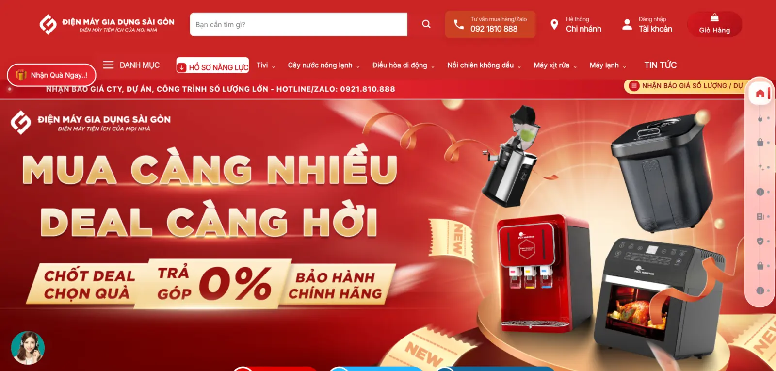 Giao diện website Điện Máy Gia Dụng Sài Gòn